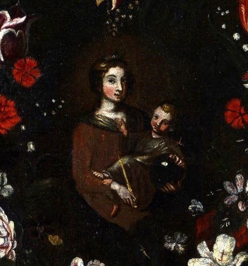 Dipinto olio su tela ,scuola italiana,Madonna con bambino su ghirlanda di fiori-XVII secolo-photo-3