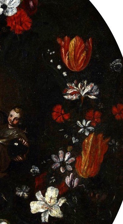 Dipinto olio su tela ,scuola italiana,Madonna con bambino su ghirlanda di fiori-XVII secolo-photo-3