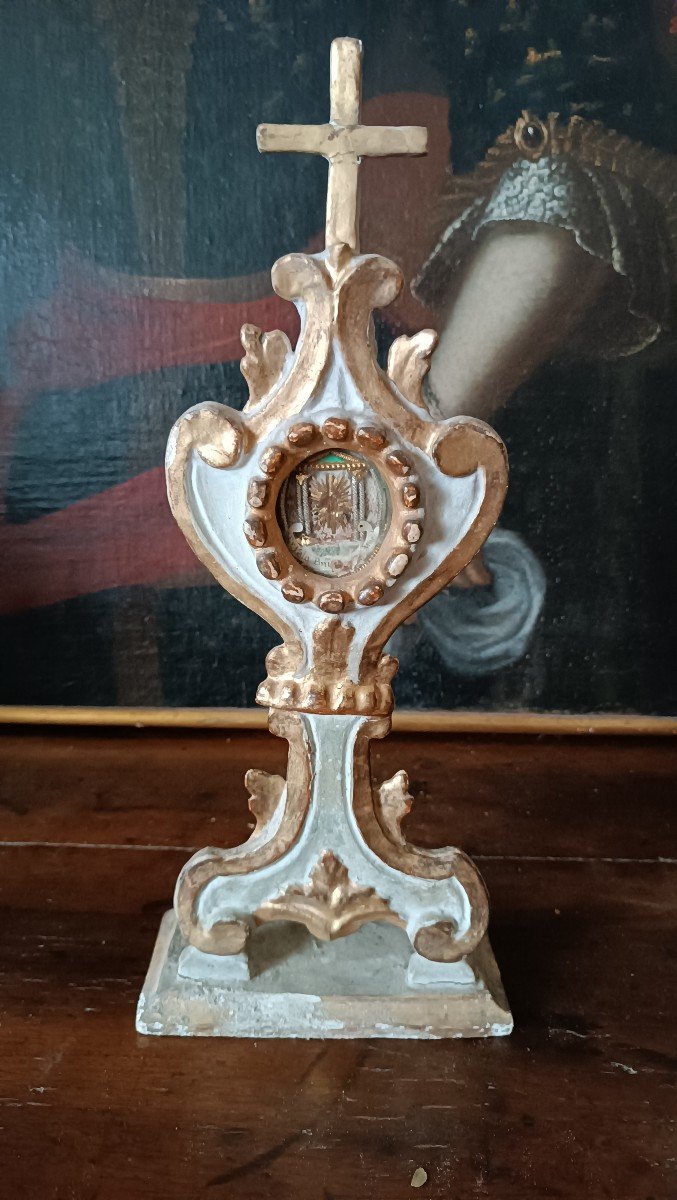 Reliquiario in legno dorato e laccato,reliquia ex velo beata vergine maria