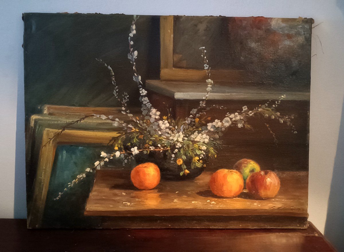 DIPINTO OLIO SU TELA FIORI E FRUTTA U.MASI 80x60 primi 900