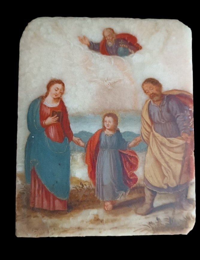 Antico Dipinto su alabastro XVIII secolo italia  "SACRA FAMIGLIA"-photo-2