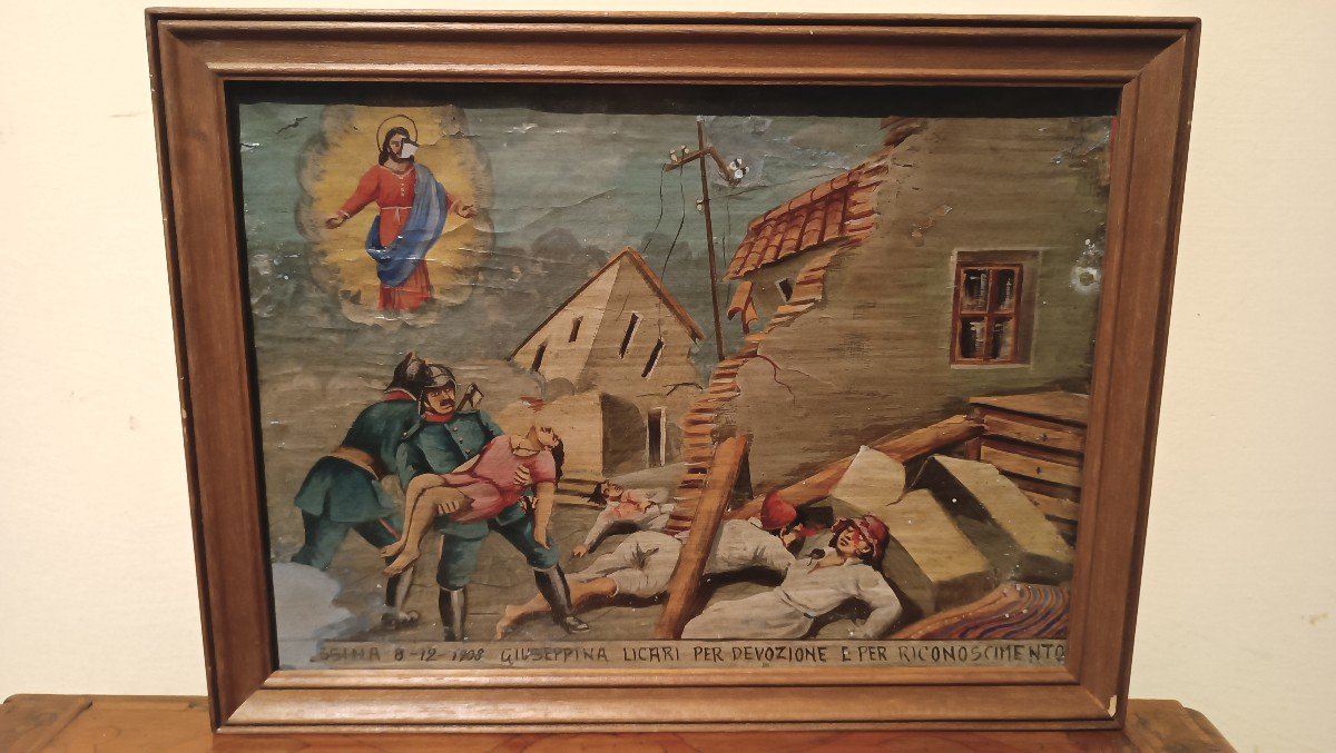 Raro ex voto dipinto antico terremoto di Messina 1908