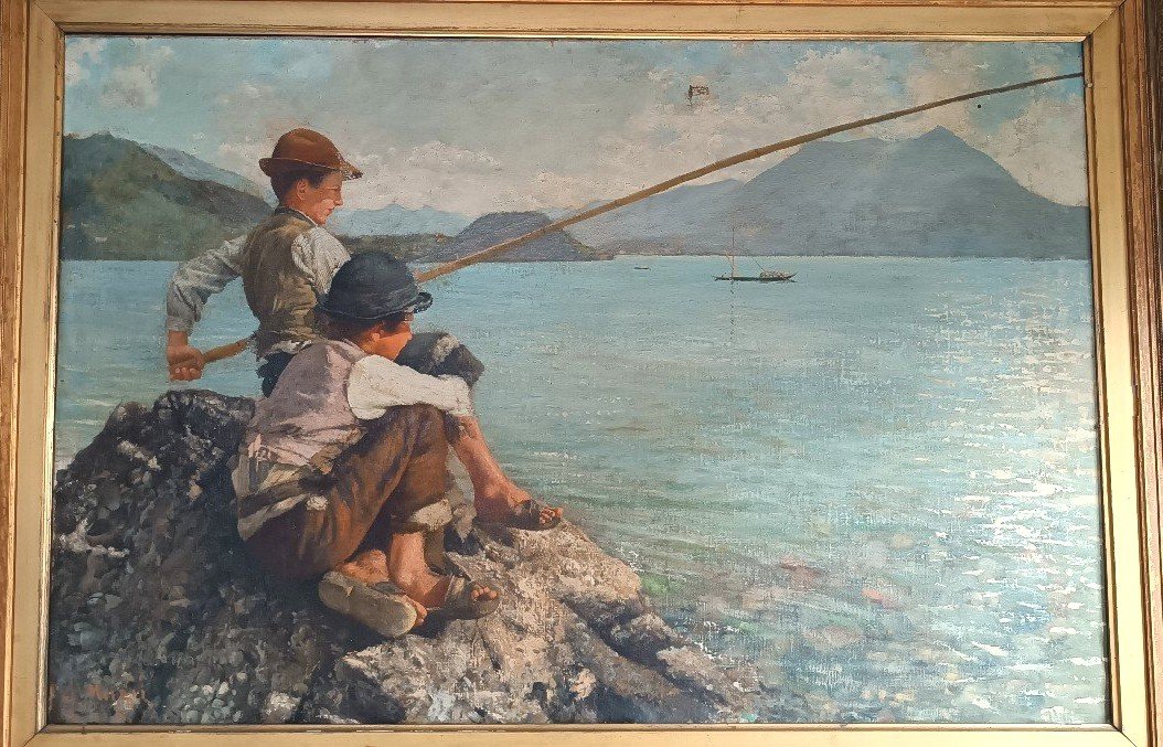 Grande olio su tela -Pescatori -Alfonso Muzii (Castellamare 1856-Pescara 1946) 195x145 cm-photo-3