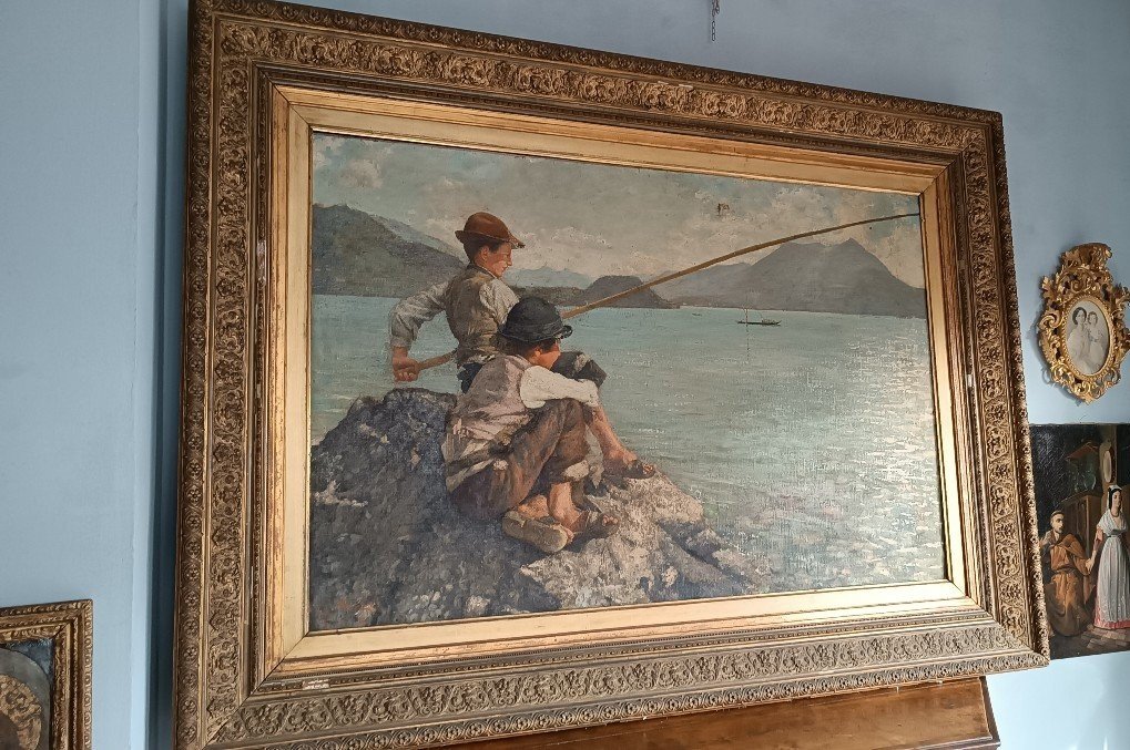 Grande olio su tela -Pescatori -Alfonso Muzii (Castellamare 1856-Pescara 1946) 195x145 cm-photo-4