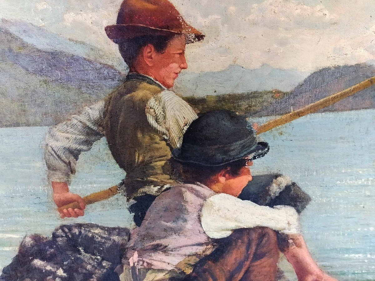 Grande olio su tela -Pescatori -Alfonso Muzii (Castellamare 1856-Pescara 1946) 195x145 cm-photo-2