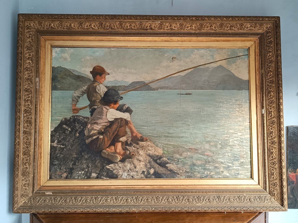 Grande olio su tela -Pescatori -Alfonso Muzii (Castellamare 1856-Pescara 1946) 195x145 cm-photo-6