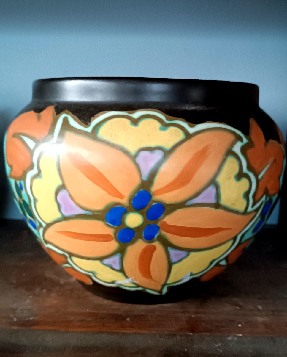 Ceramica VASO CASHPOT Montoise Bergen,, Belgio, Art Deco 1920 1930-photo-4