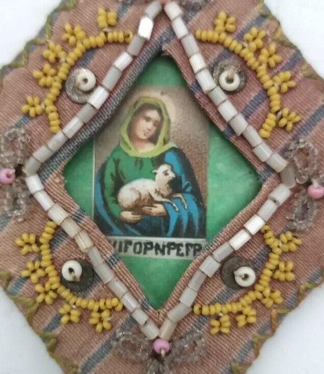 Antico Scapolare ex voto in tessuto ricamato Madonna XIX SECOLO-photo-3