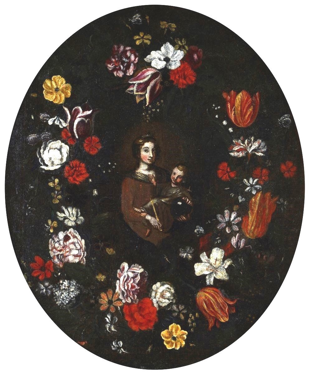 Dipinto olio su tela ,scuola italiana,Madonna con bambino su ghirlanda di fiori-XVII secolo-photo-2