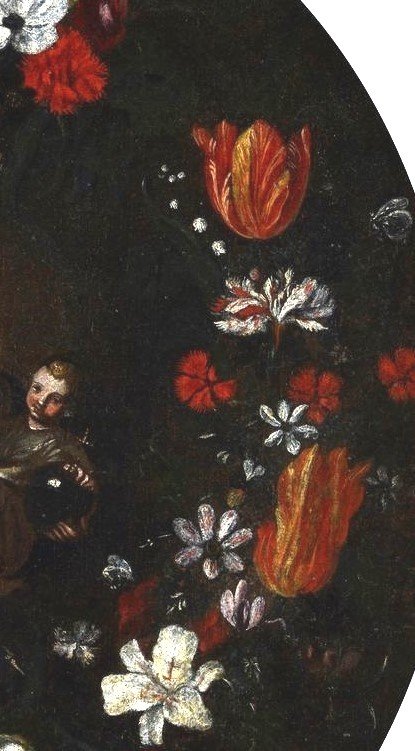 Dipinto olio su tela ,scuola italiana,Madonna con bambino su ghirlanda di fiori-XVII secolo-photo-3