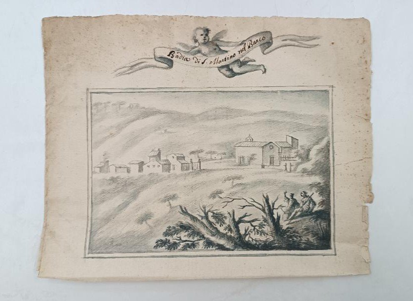 disegno antico matita acquerello XVIII secolo scuola toscana "Badia San Martino