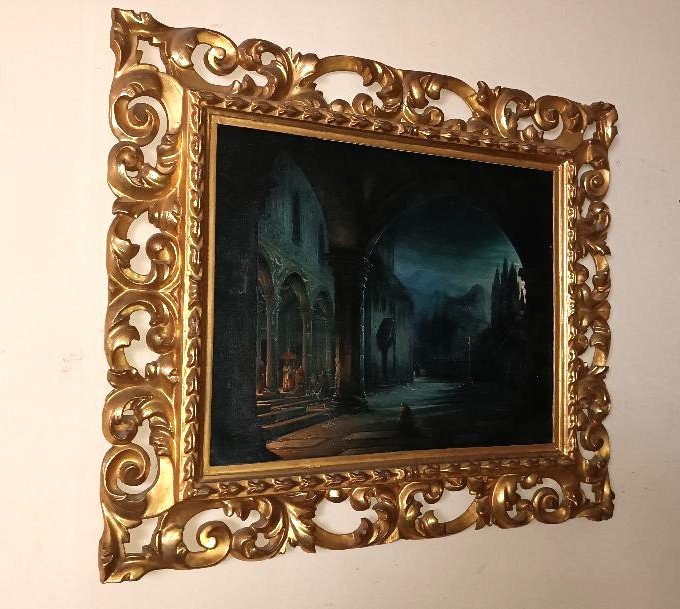 Dipinto olio su tavola ,notturno , convento,firenze,meta' xix secolo-FABIO BORBOTTONI (1820-190-photo-2