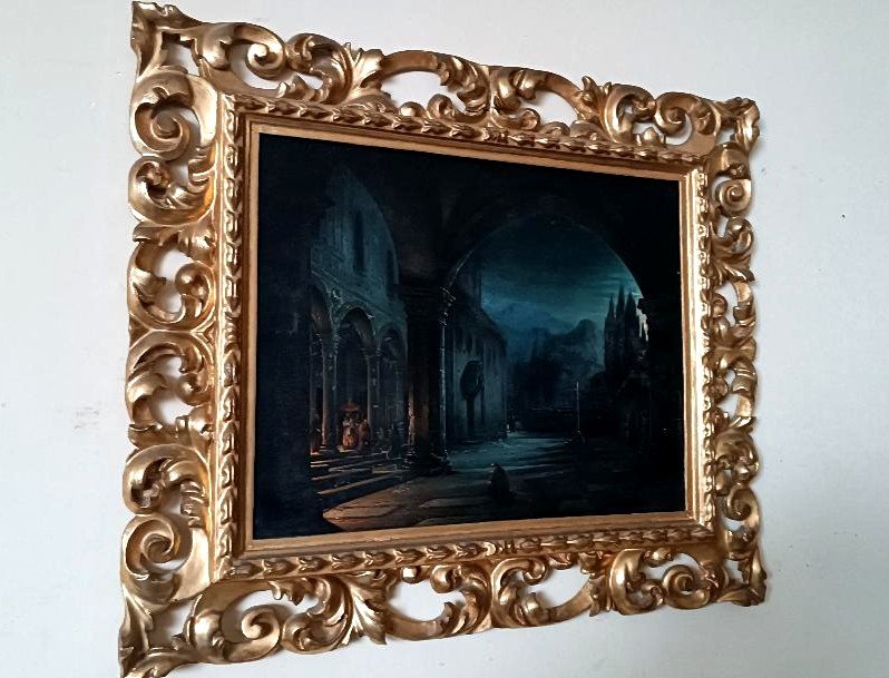 Dipinto olio su tavola ,notturno , convento,firenze,meta' xix secolo-FABIO BORBOTTONI (1820-190-photo-3