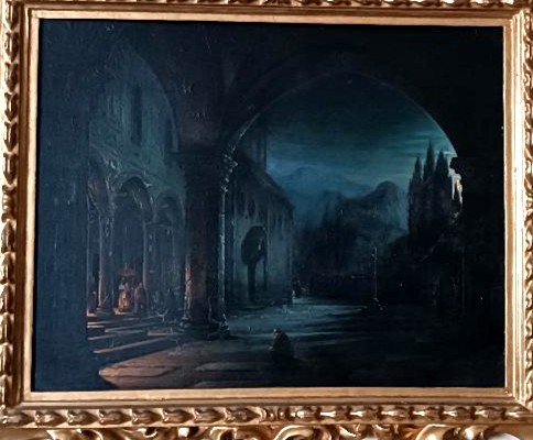 Dipinto olio su tavola ,notturno , convento,firenze,meta' xix secolo-FABIO BORBOTTONI (1820-190-photo-4