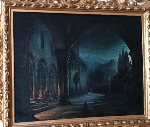 Dipinto olio su tavola ,notturno , convento,firenze,meta' xix secolo-FABIO BORBOTTONI (1820-190-photo-1