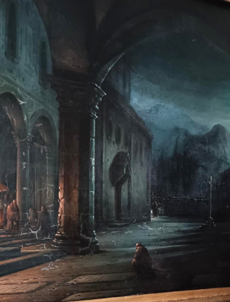 Dipinto olio su tavola ,notturno , convento,firenze,meta' xix secolo-FABIO BORBOTTONI (1820-190-photo-5