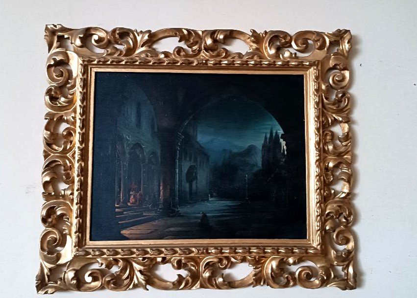 Dipinto olio su tavola ,notturno , convento,firenze,meta' xix secolo-FABIO BORBOTTONI (1820-190