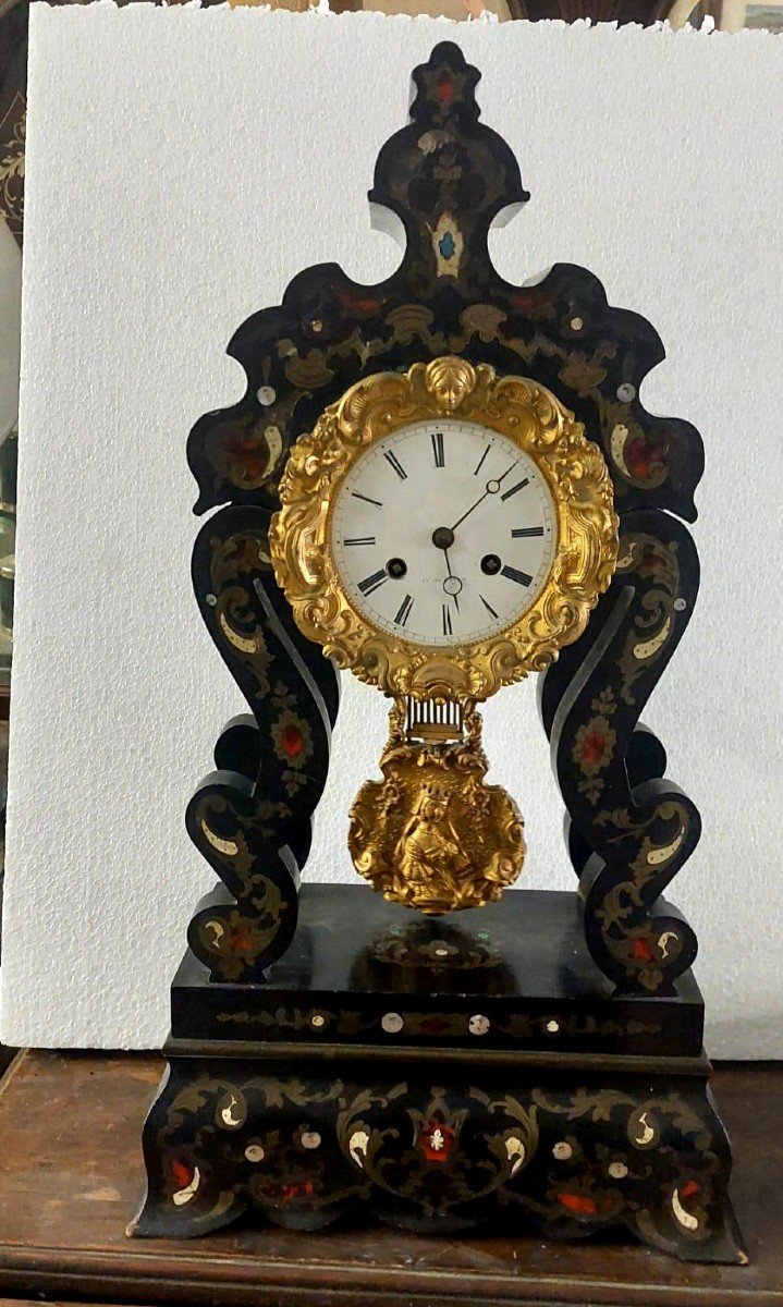 IMPORTANTE OROLOGIO NAPOLEONE III A TEMPIETTO INTARSIATO BRONZO DORATO XIXsec