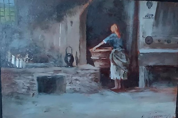 olio su tavoletta "la lavandaia " Gino Tommasi ( 1880-1942) ,primi XX secolo-photo-1