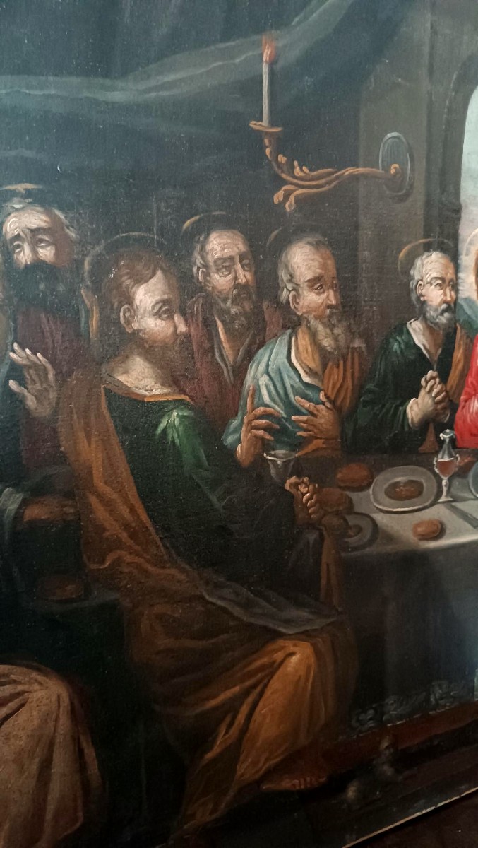 Antico dipinto olio su tela - "ultima cena" scuola veneta del XVII secolo, Italia - 117x91 cm-photo-4