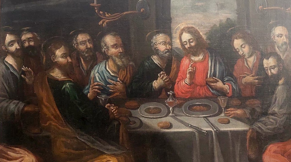 Antico dipinto olio su tela - "ultima cena" scuola veneta del XVII secolo, Italia - 117x91 cm-photo-8