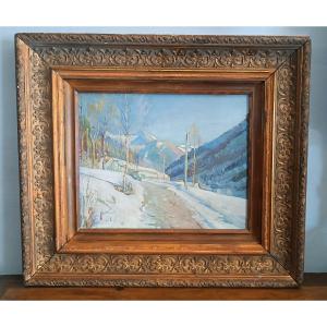 GIUSEPPE SOBRILE OLIO SU TAVOLA 1932 STRADA INNEVATA FIRMATO