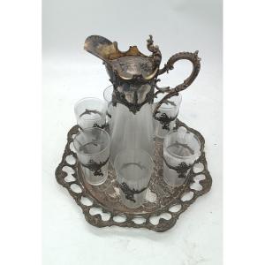 Vassoio con caraffa e 6 bicchieri vetro e metallo argentato periodo art noveau