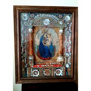 Grande esecuzione Madonna di Montenero in teca corallo e conchiglie  XIX secolo