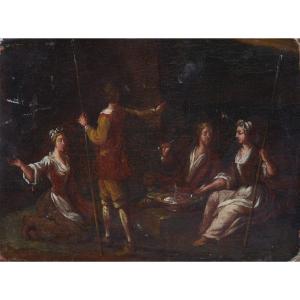 Dipinto olio su tela riportato su cartone-scena popolare-francia XVIII SECOLO