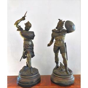 Coppia sculture in metallo -"guerrieri" Detrier