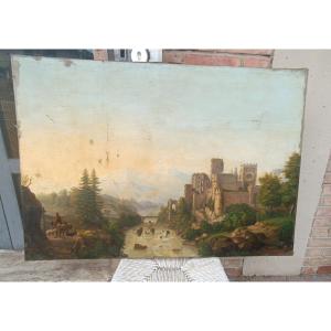 Grande paesaggio Castello dipinto antico ,olio su tela firmato Kraft 1850