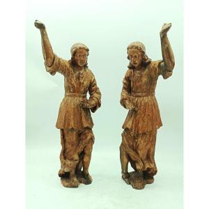 Antica Coppia sculture legno dorato angeli 