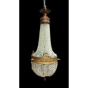 Lampadario Paniera mongolfiera Antico Bronzo Cristallo Impero XIX Secolo