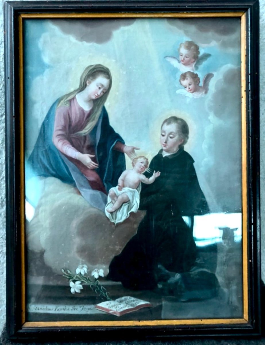 Dipinto olio su tela raffigurante San Stanislao Kostka ,Madonna con Gesu'Bambino 