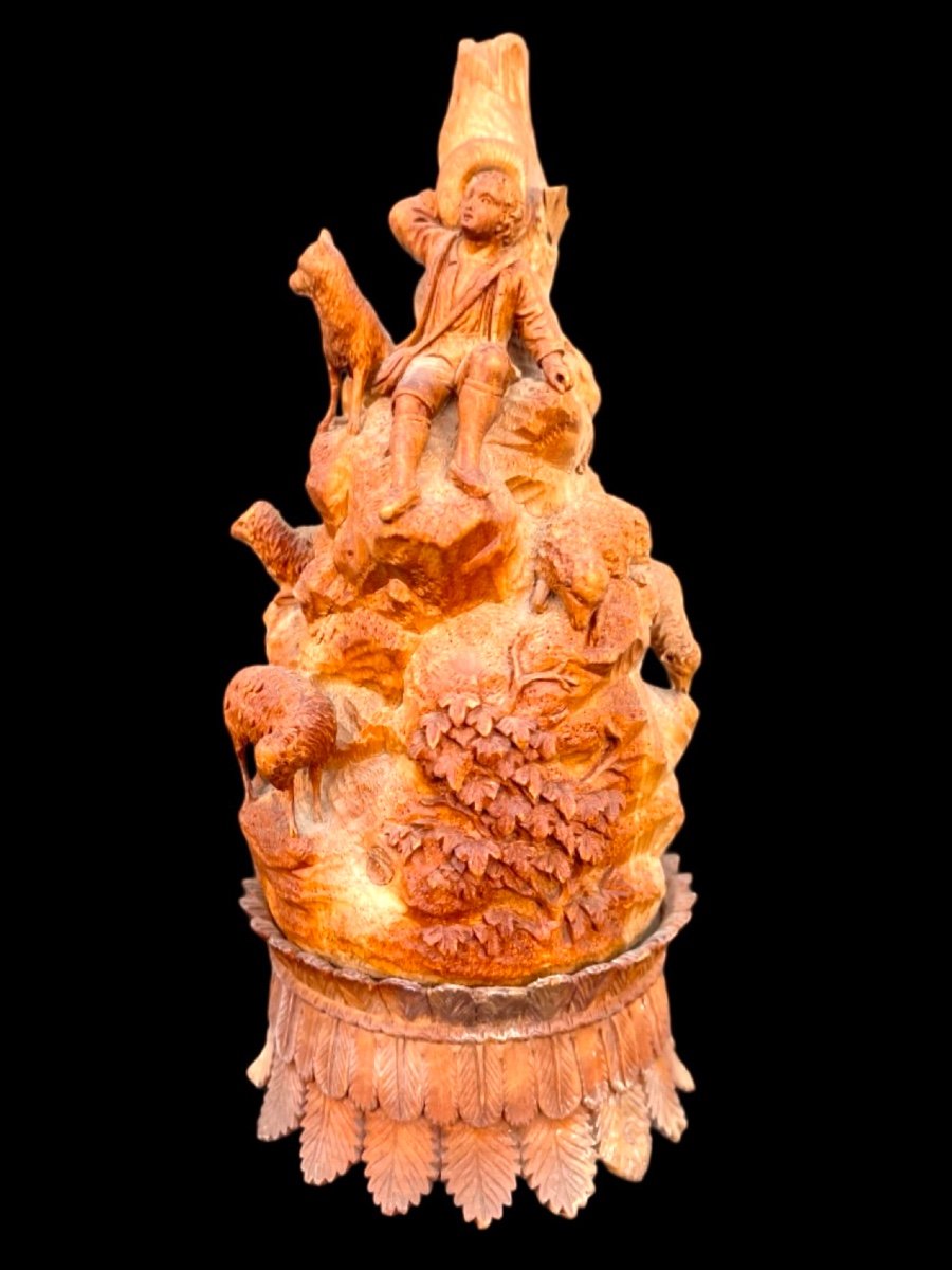 Scultura in legno dolce raffigurante pastore con pecore 