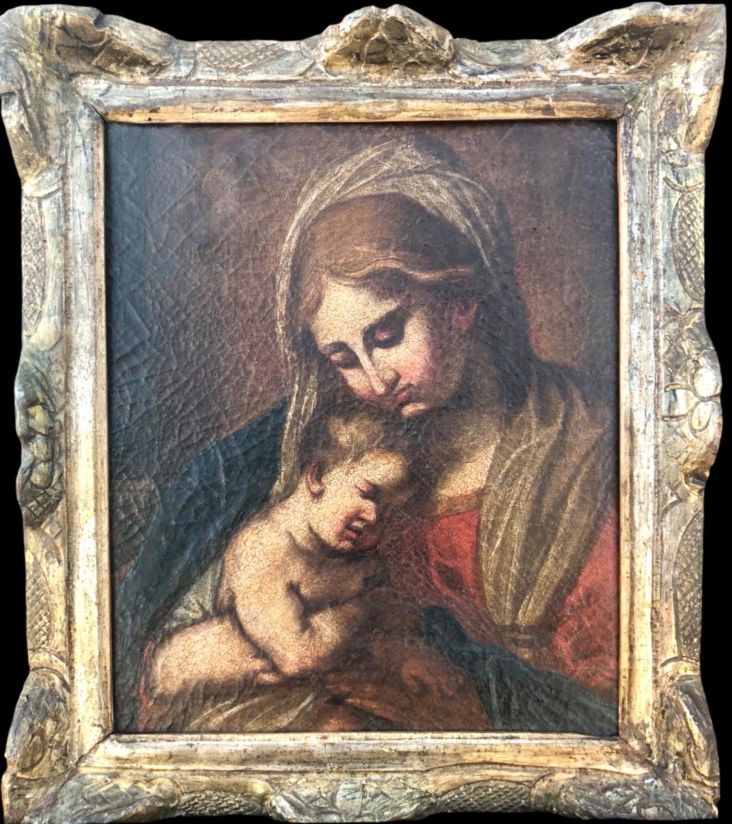 Dipinto olio su tela raffigurante Madonna con Gesu’Bambino.