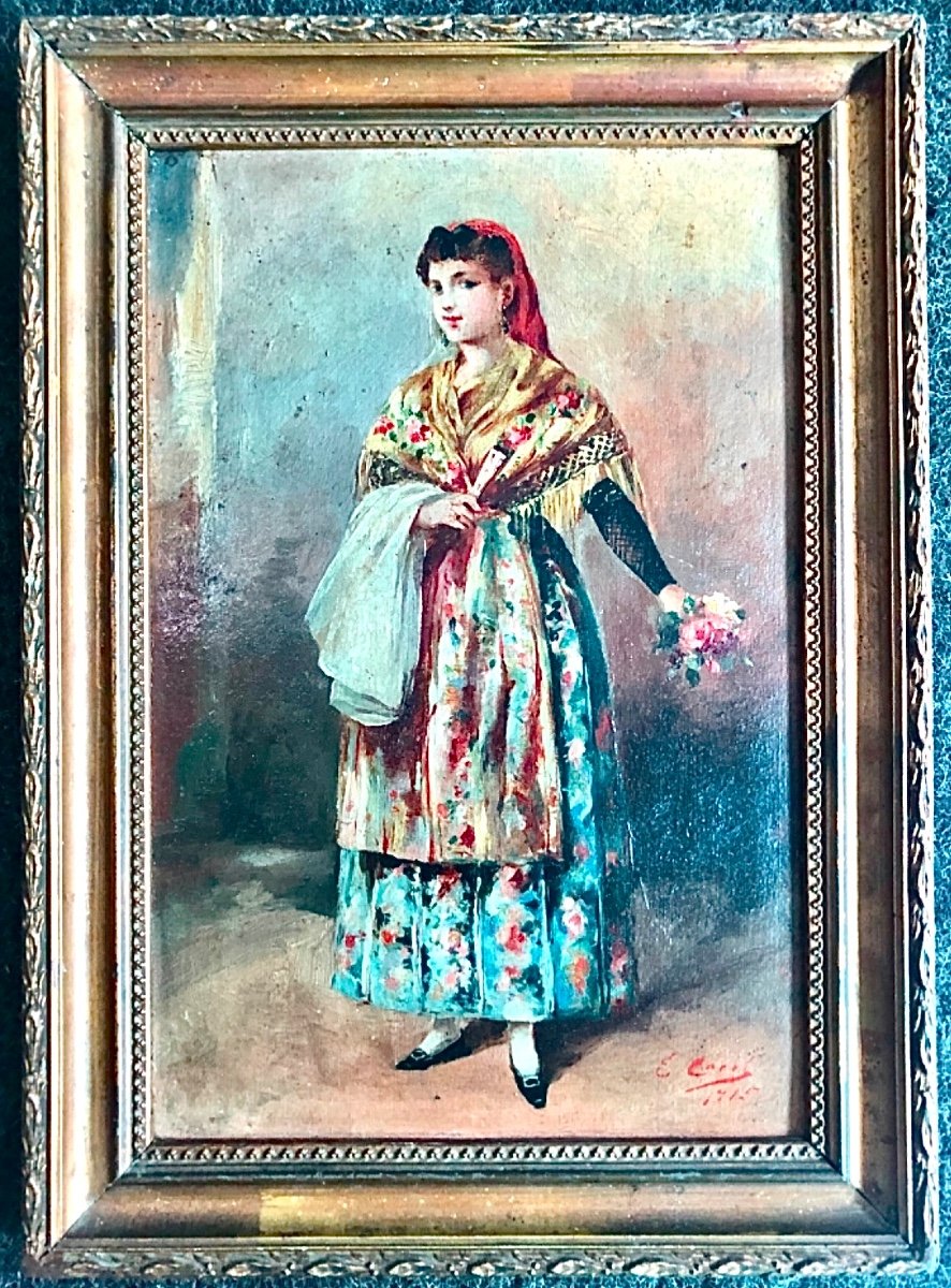 Dipinto olio su tela raffigurante figura femminile in costume tradizionale. 