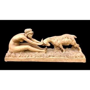 Scultura in terracotta,figura femminile con caprone,firmata Affortunato Gory