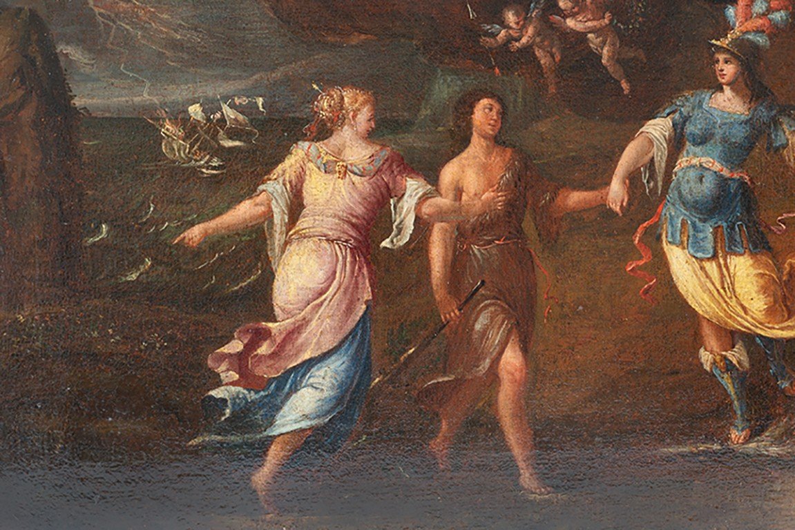 Antico Dipinto ad Olio su Tela del XVII Secolo, Scena Mitologica, Il Simposio degli dei-photo-4