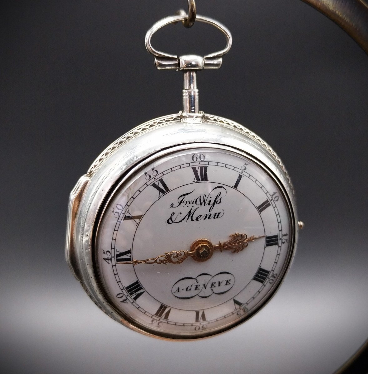Orologio da tasca con scappamento a verga, firmato "Freres Wiss et Menu a Geneve", fine 700-photo-2