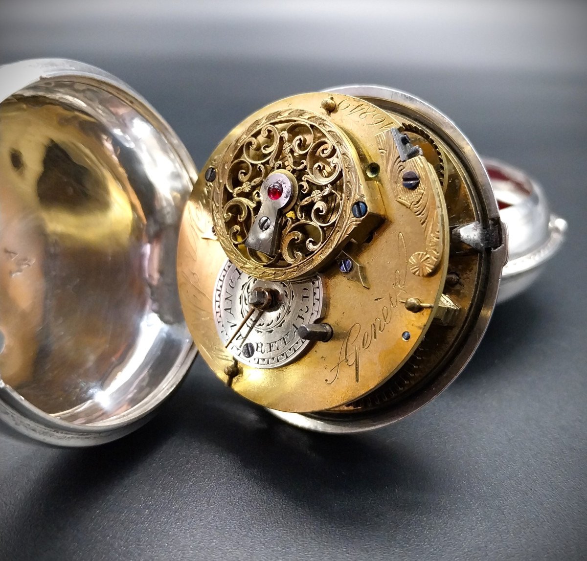 Orologio da tasca con scappamento a verga, firmato "Freres Wiss et Menu a Geneve", fine 700-photo-5