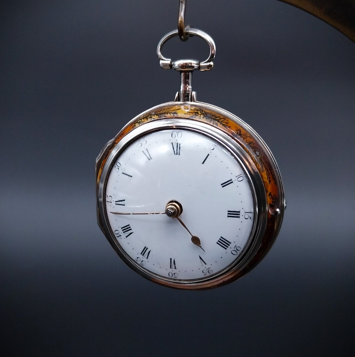 Raro orologio inglese con scappamento a verga e con cassa in corno dipinto, anno 1796.-photo-2