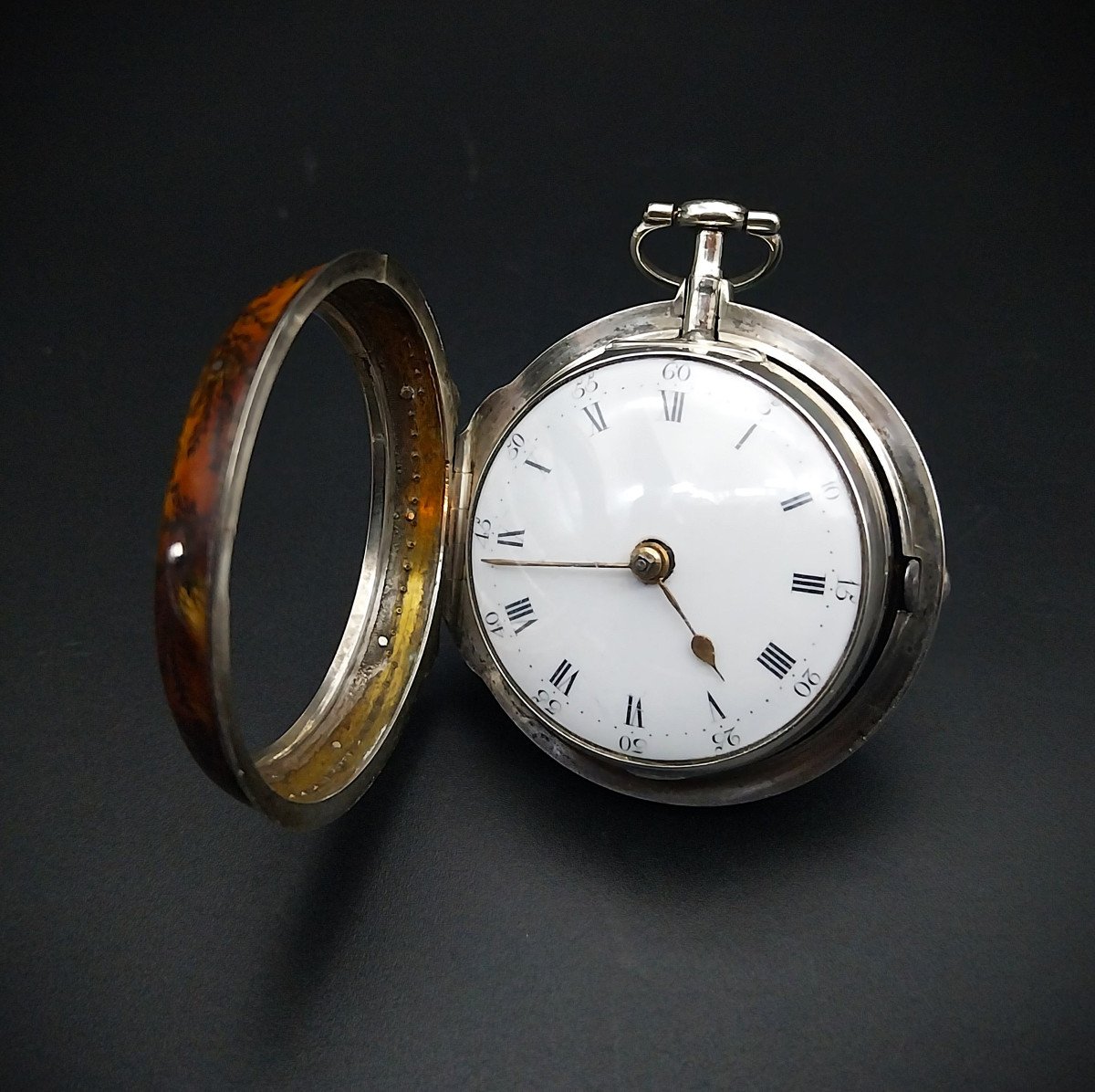 Raro orologio inglese con scappamento a verga e con cassa in corno dipinto, anno 1796.-photo-6