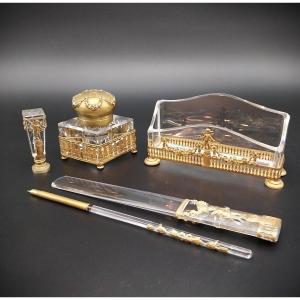 Raro set da scrittura epoca Napoleone III in bronzo dorato e cristallo