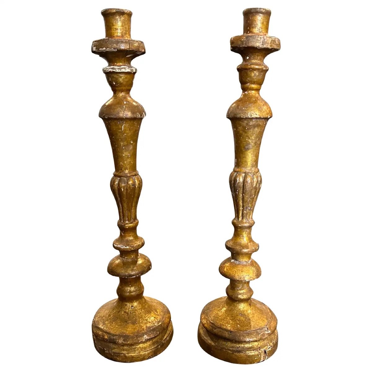 Set di due torce siciliane Impero in legno dorato dell'inizio del XIX secolo