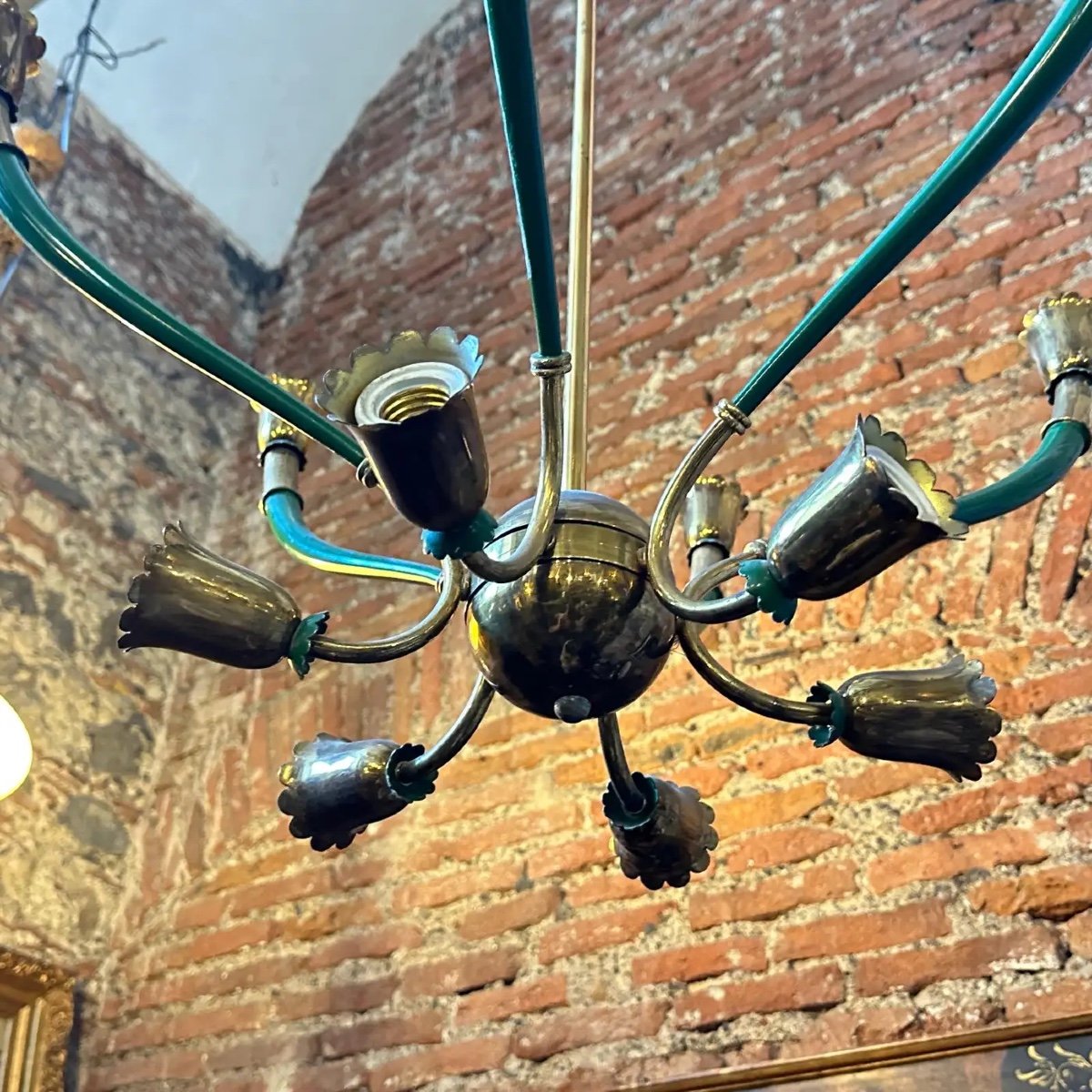 Lampadario italiano moderno in metallo verde e ottone degli anni '60-photo-2