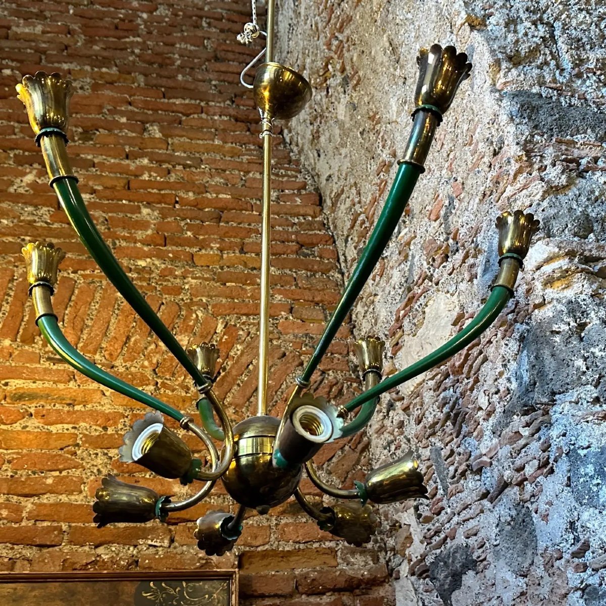 Lampadario italiano moderno in metallo verde e ottone degli anni '60-photo-4