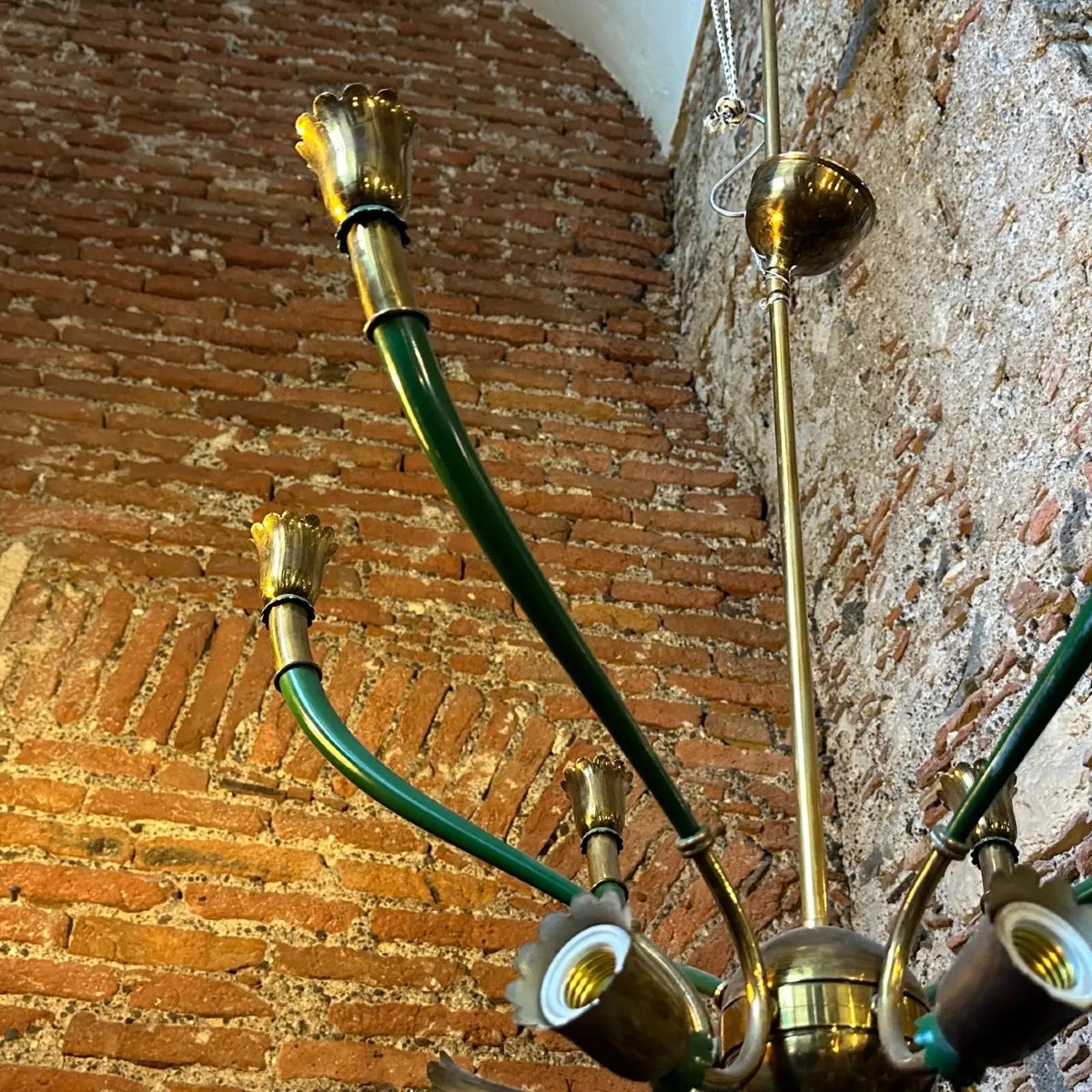 Lampadario italiano moderno in metallo verde e ottone degli anni '60-photo-2