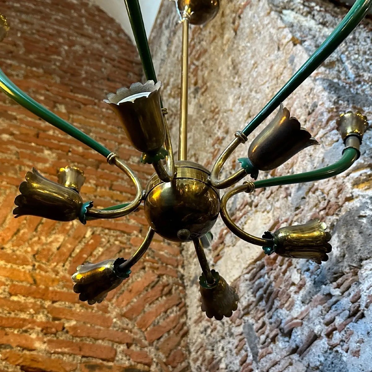 Lampadario italiano moderno in metallo verde e ottone degli anni '60-photo-3