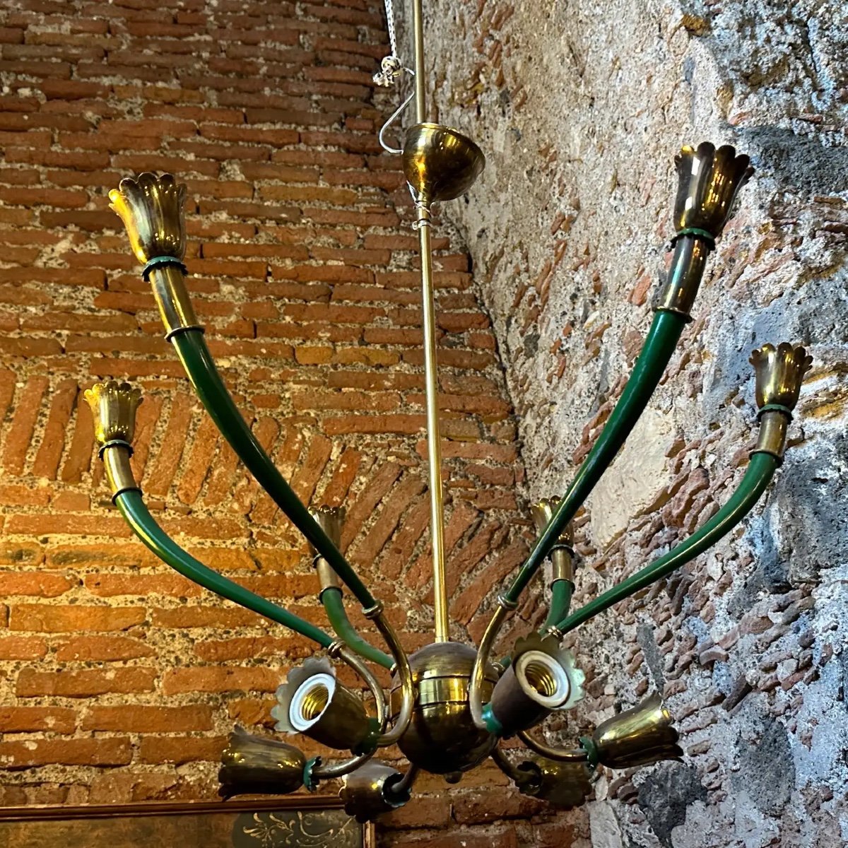 Lampadario italiano moderno in metallo verde e ottone degli anni '60-photo-7